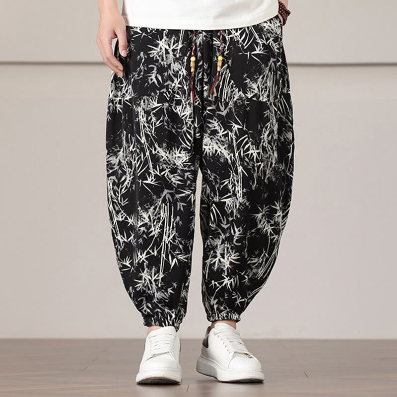 Pantaloni harem da uomo con coulisse e tasche con motivo a foglie di bambù Buddha Stones - image 12