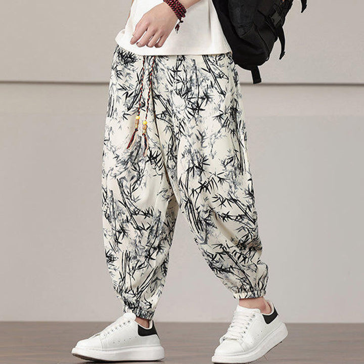 Pantaloni harem da uomo con coulisse e tasche con motivo a foglie di bambù Buddha Stones