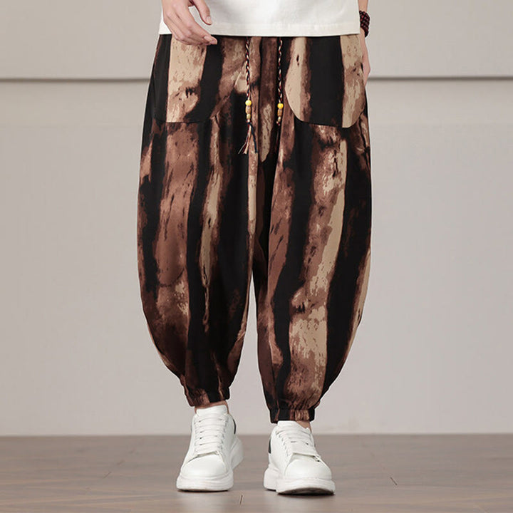 Pantaloni harem da uomo con coulisse e tasche con motivo a strisce Buddha Stones - Marrone sella - US/UK/AU46, EU56 (5XL) - image 9
