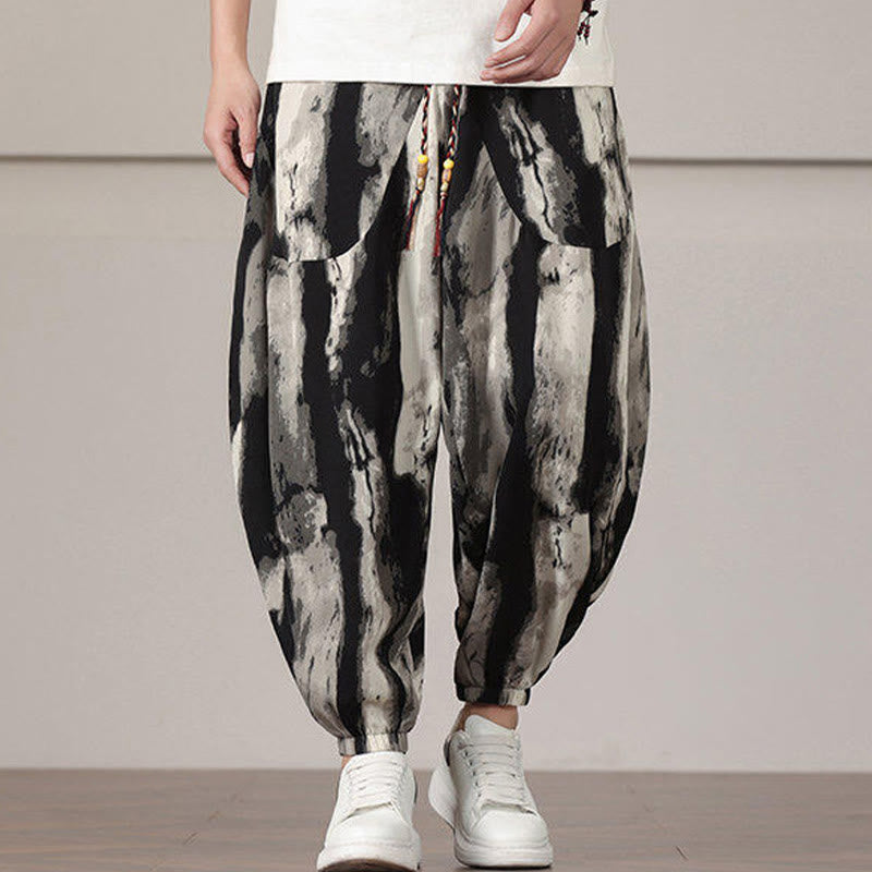 Pantaloni harem da uomo con coulisse e tasche con motivo a strisce Buddha Stones - Nero - US/UK/AU46, EU56 (5XL) - image 0
