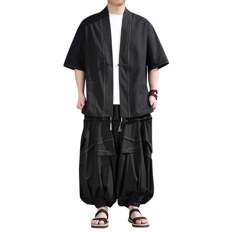 Buddha Stones 2 pezzi giacca kimono da uomo in cotone con bottoni a rana neri, pantaloni larghi con coulisse e tasche
