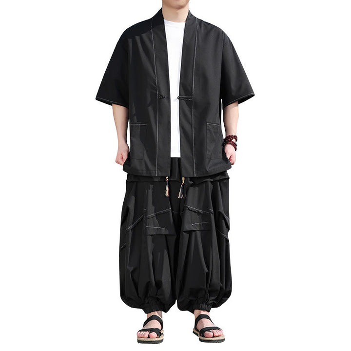 Buddha Stones 2 pezzi giacca kimono da uomo in cotone con bottoni a rana neri, pantaloni larghi con coulisse e tasche