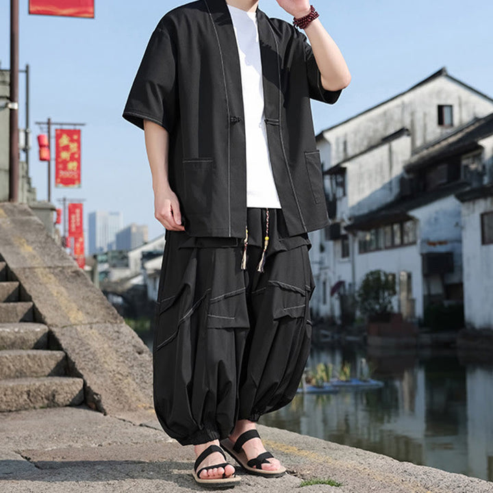 Buddha Stones 2 pezzi giacca kimono da uomo in cotone con bottoni a rana neri, pantaloni larghi con coulisse e tasche
