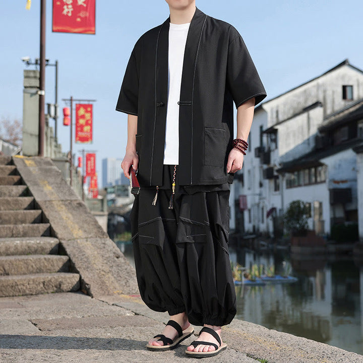 Buddha Stones 2 pezzi giacca kimono da uomo in cotone con bottoni a rana neri, pantaloni larghi con coulisse e tasche