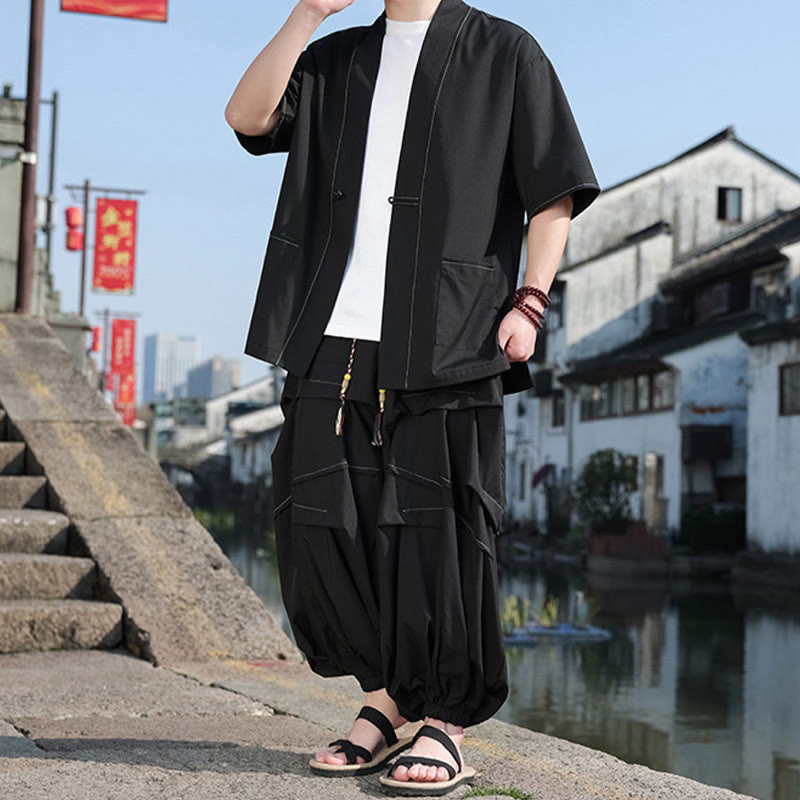 Buddha Stones 2 pezzi giacca kimono da uomo in cotone con bottoni a rana neri, pantaloni larghi con coulisse e tasche