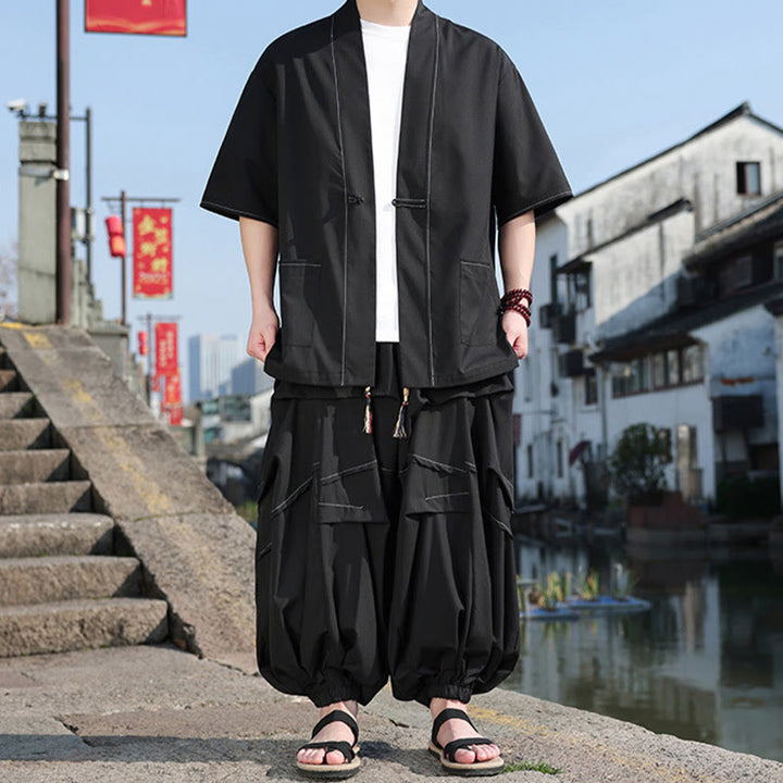 Buddha Stones 2 pezzi giacca kimono da uomo in cotone con bottoni a rana neri, pantaloni larghi con coulisse e tasche