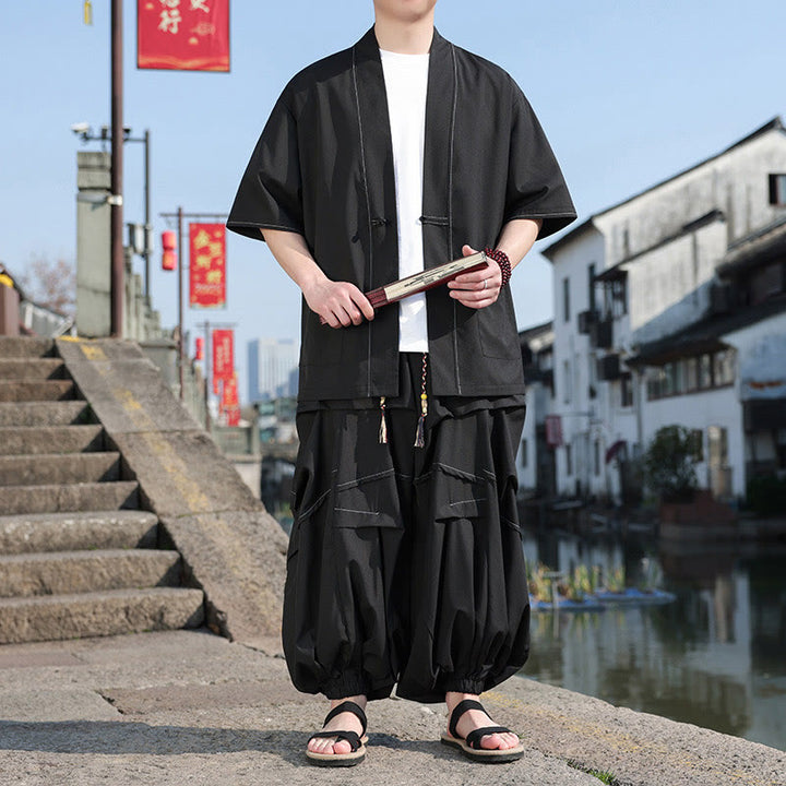 Buddha Stones 2 pezzi giacca kimono da uomo in cotone con bottoni a rana neri, pantaloni larghi con coulisse e tasche