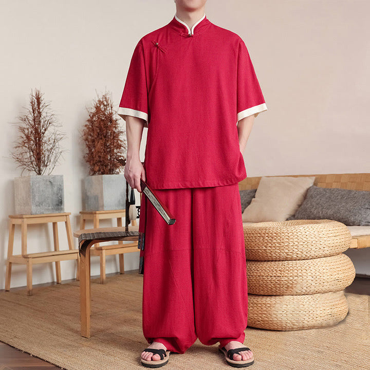 Buddha Stones 2 pezzi cinese rana-bottoni camicia da uomo gamba larga pantaloni meditazione panno set