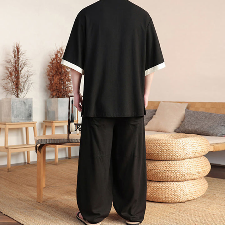 Buddha Stones 2 pezzi cinese rana-bottoni camicia da uomo gamba larga pantaloni meditazione panno set