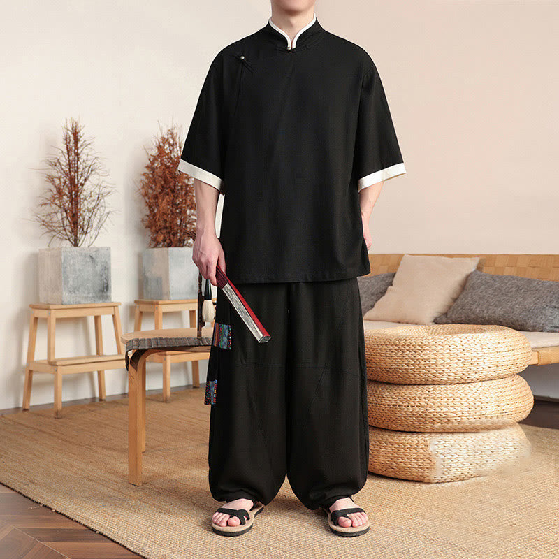 Buddha Stones 2 pezzi cinese rana-bottoni camicia da uomo gamba larga pantaloni meditazione panno set