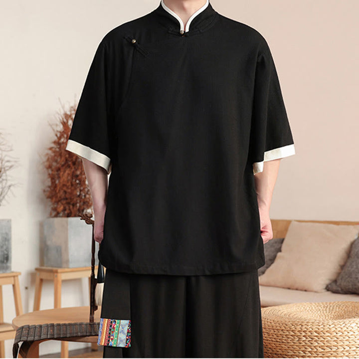 Buddha Stones 2 pezzi cinese rana-bottoni camicia da uomo gamba larga pantaloni meditazione panno set