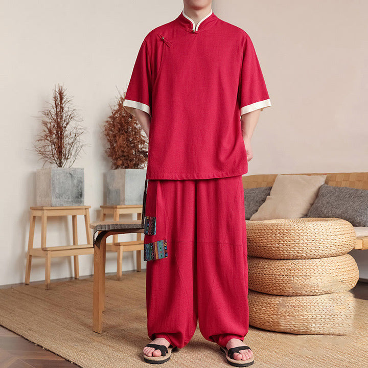 Buddha Stones 2 pezzi cinese rana-bottoni camicia da uomo gamba larga pantaloni meditazione panno set - Cremisi - US/UK/AU46, EU56 (5XL) - image 6