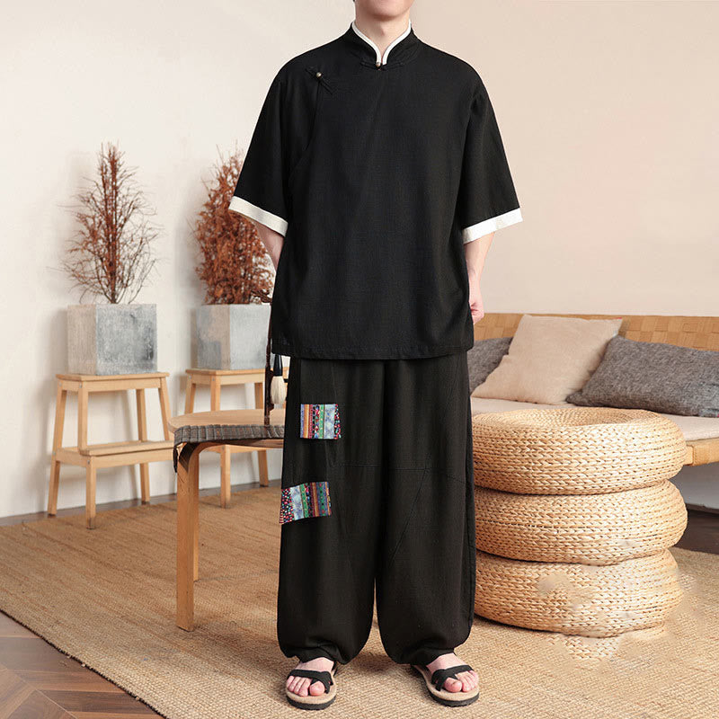 Buddha Stones 2 pezzi cinese rana-bottoni camicia da uomo gamba larga pantaloni meditazione panno set - Nero - US/UK/AU46, EU56 (5XL) - image 0