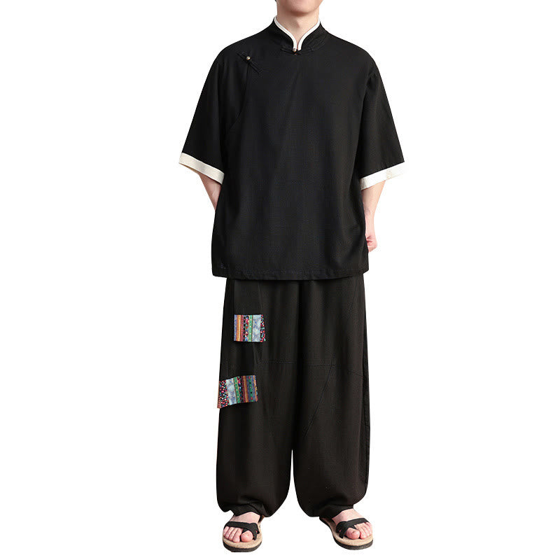 Buddha Stones 2 pezzi cinese rana-bottoni camicia da uomo gamba larga pantaloni meditazione panno set