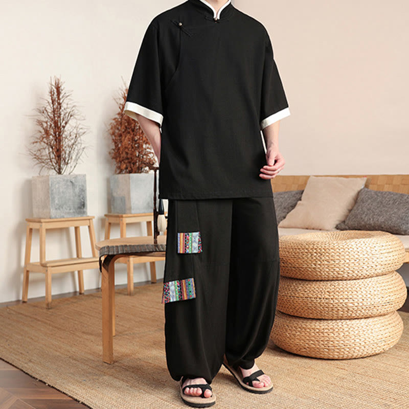 Buddha Stones 2 pezzi cinese rana-bottoni camicia da uomo gamba larga pantaloni meditazione panno set