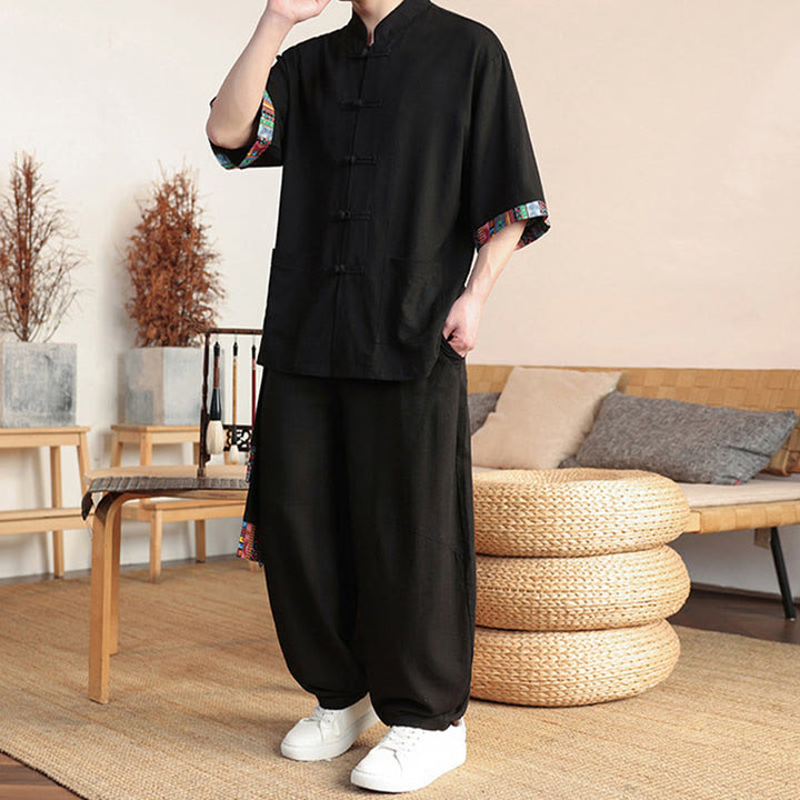 Buddha Stones 2 pezzi patchwork cinese rana-bottoni camicia pantaloni gamba larga uomo meditazione panno set con tasche