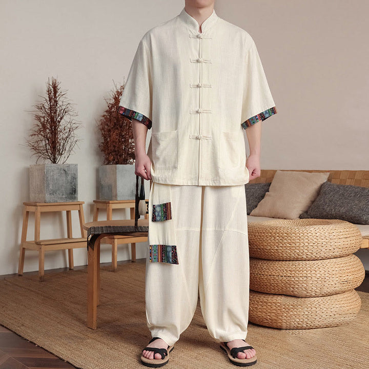 Buddha Stones 2 pezzi patchwork cinese rana-bottoni camicia pantaloni gamba larga uomo meditazione panno set con tasche