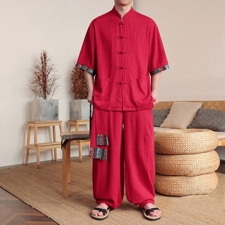 Buddha Stones 2 pezzi patchwork cinese rana-bottoni camicia pantaloni gamba larga uomo meditazione panno set con tasche