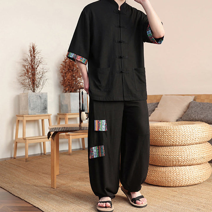 Buddha Stones 2 pezzi patchwork cinese rana-bottoni camicia pantaloni gamba larga uomo meditazione panno set con tasche