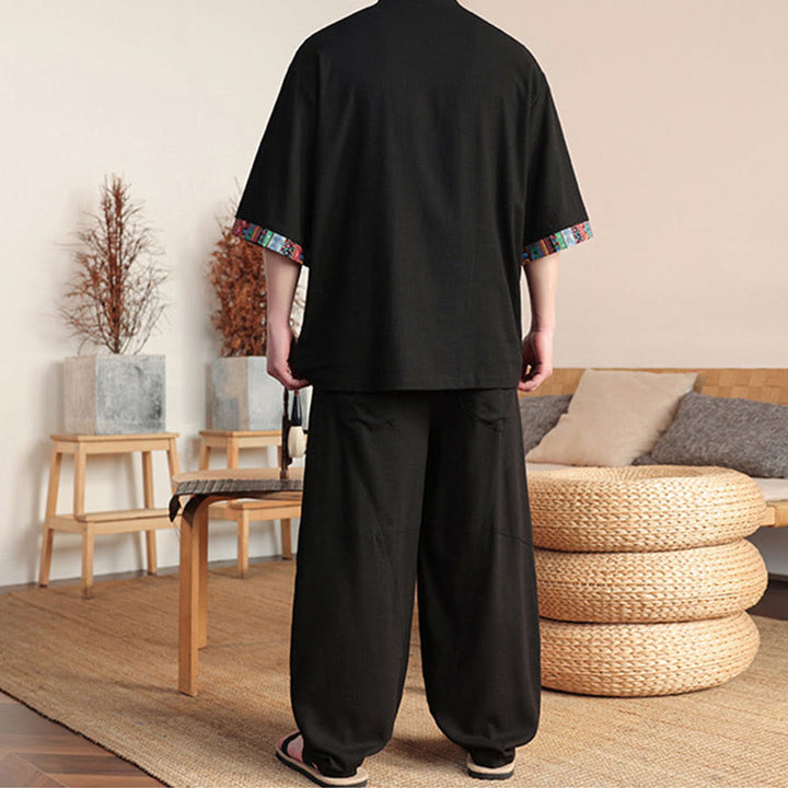 Buddha Stones 2 pezzi patchwork cinese rana-bottoni camicia pantaloni gamba larga uomo meditazione panno set con tasche