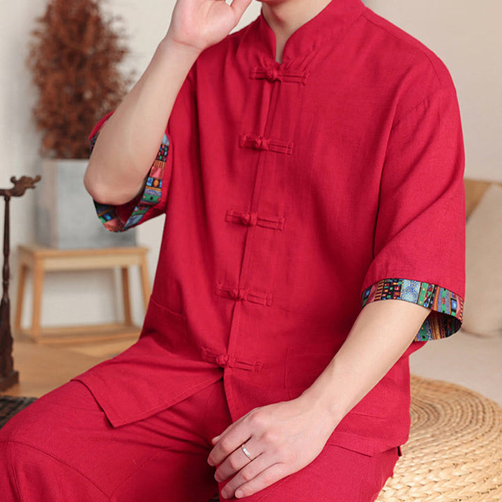 Buddha Stones 2 pezzi patchwork cinese rana-bottoni camicia pantaloni gamba larga uomo meditazione panno set con tasche