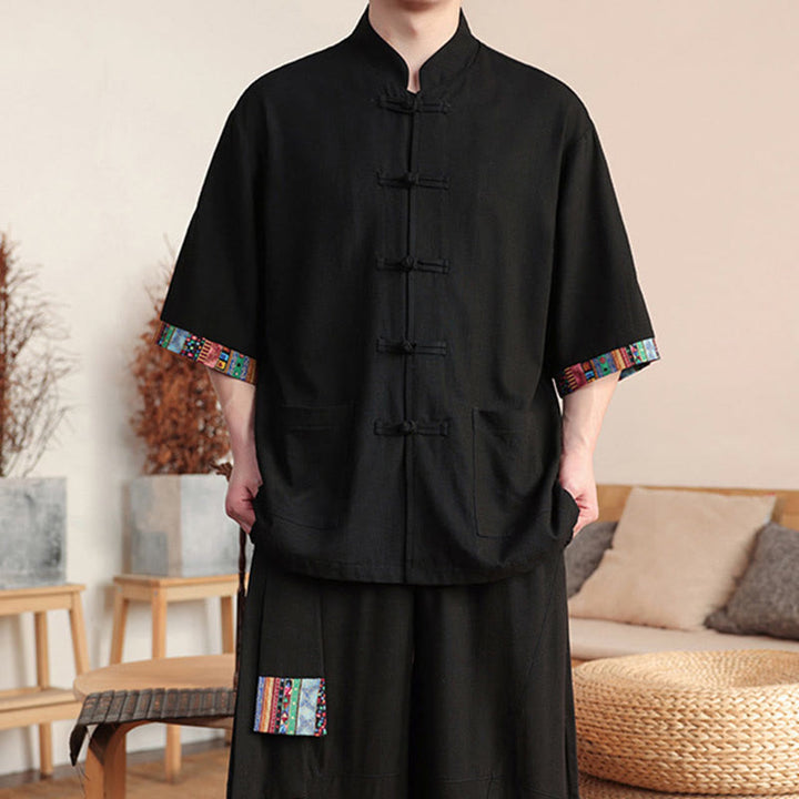 Buddha Stones 2 pezzi patchwork cinese rana-bottoni camicia pantaloni gamba larga uomo meditazione panno set con tasche