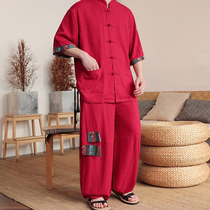 Buddha Stones 2 pezzi patchwork cinese rana-bottoni camicia pantaloni gamba larga uomo meditazione panno set con tasche