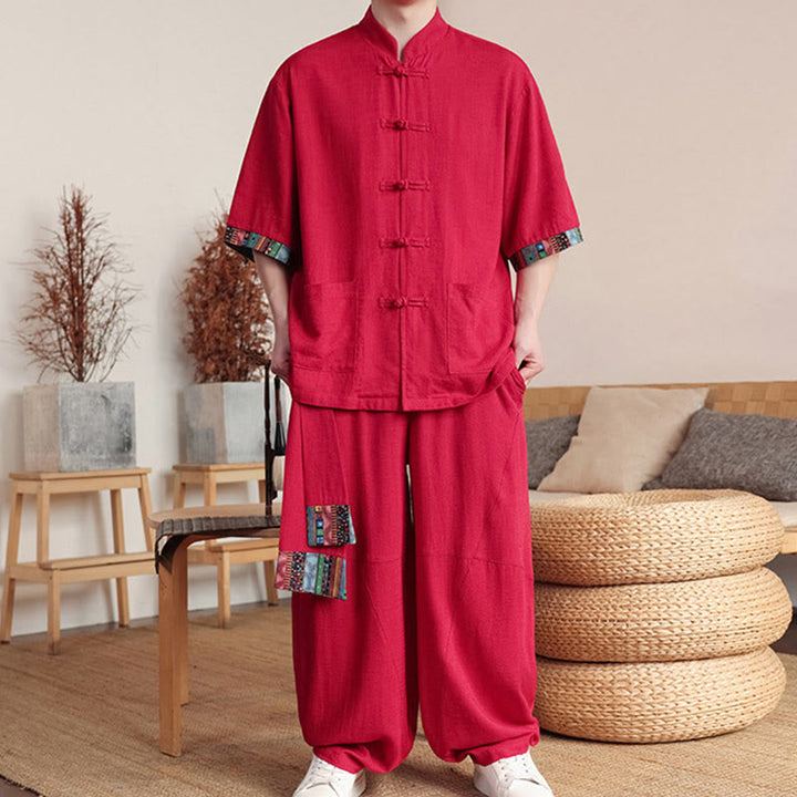 Buddha Stones 2 pezzi patchwork cinese rana-bottoni camicia pantaloni gamba larga uomo meditazione panno set con tasche