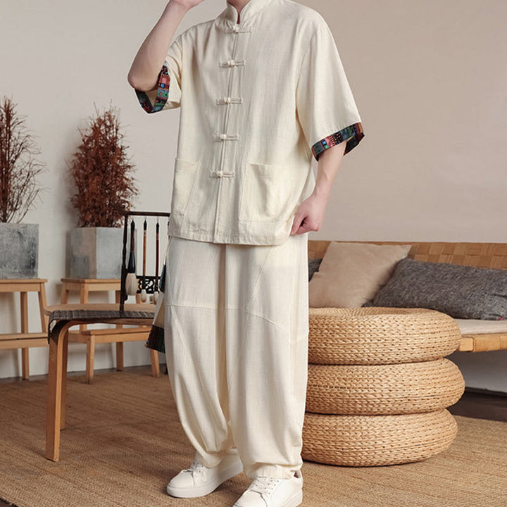 Buddha Stones 2 pezzi patchwork cinese rana-bottoni camicia pantaloni gamba larga uomo meditazione panno set con tasche