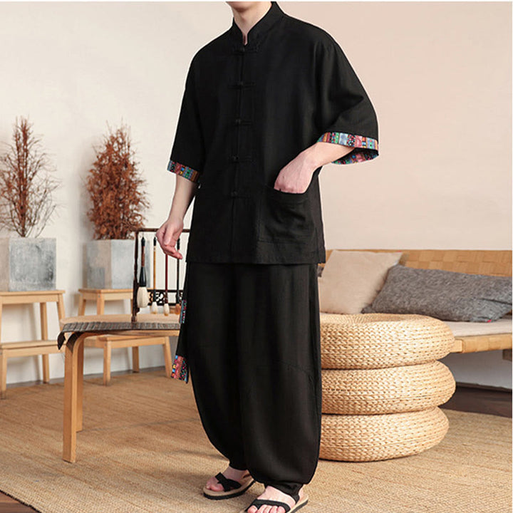 Buddha Stones 2 pezzi patchwork cinese rana-bottoni camicia pantaloni gamba larga uomo meditazione panno set con tasche
