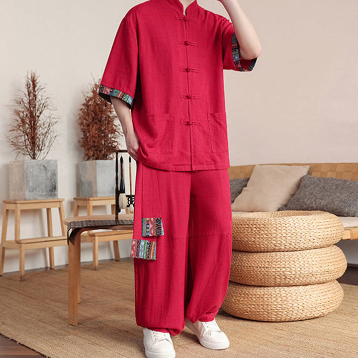 Buddha Stones 2 pezzi patchwork cinese rana-bottoni camicia pantaloni gamba larga uomo meditazione panno set con tasche
