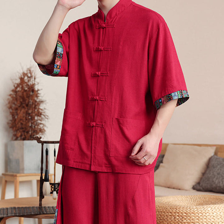 Buddha Stones 2 pezzi patchwork cinese rana-bottoni camicia pantaloni gamba larga uomo meditazione panno set con tasche