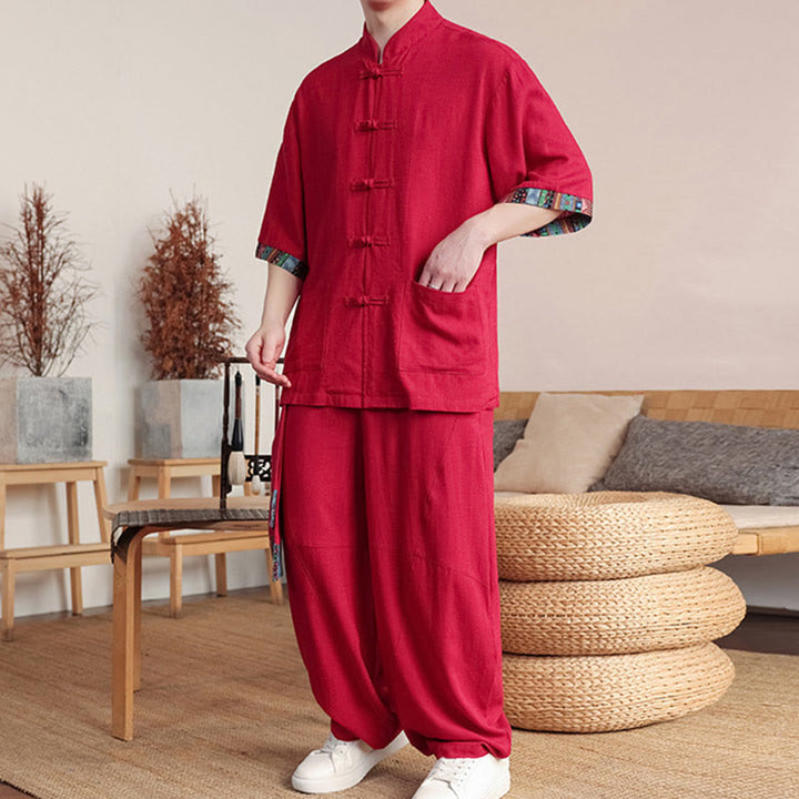 Buddha Stones 2 pezzi patchwork cinese rana-bottoni camicia pantaloni gamba larga uomo meditazione panno set con tasche