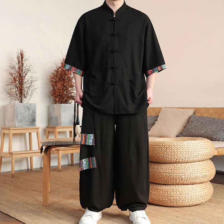 Buddha Stones 2 pezzi patchwork cinese rana-bottoni camicia pantaloni gamba larga uomo meditazione panno set con tasche