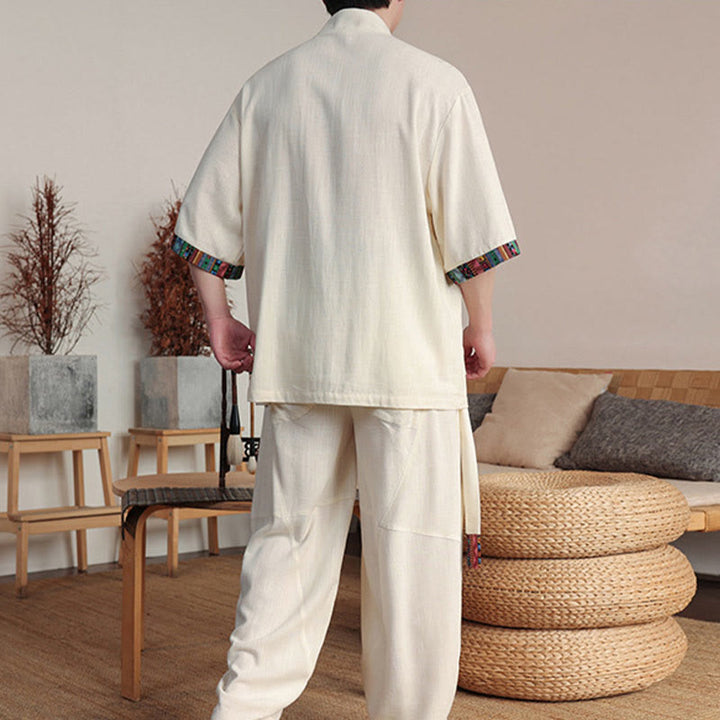 Buddha Stones 2 pezzi patchwork cinese rana-bottoni camicia pantaloni gamba larga uomo meditazione panno set con tasche