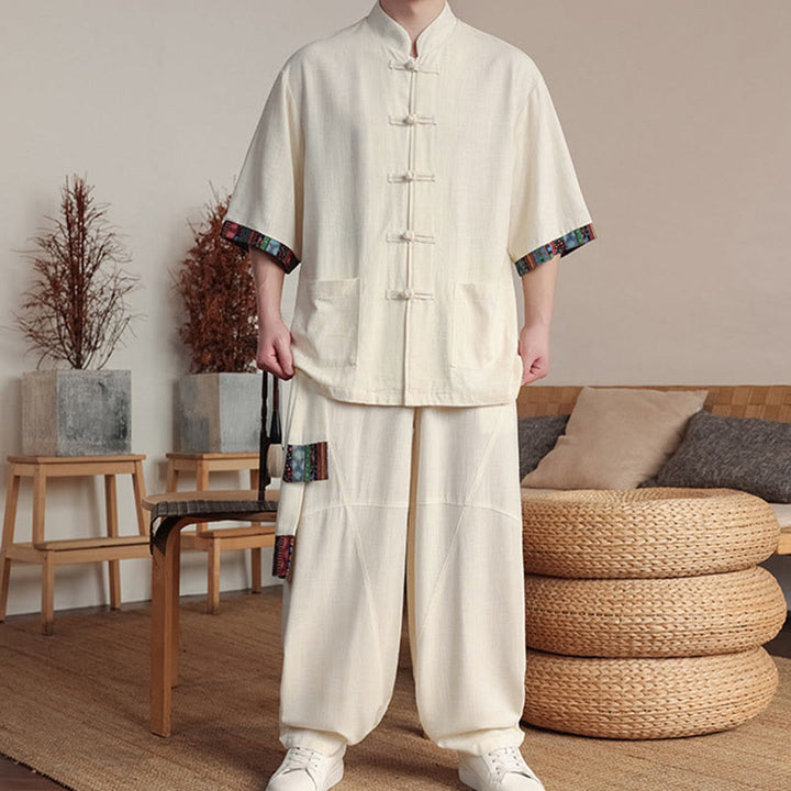 Buddha Stones 2 pezzi patchwork cinese rana-bottoni camicia pantaloni gamba larga uomo meditazione panno set con tasche