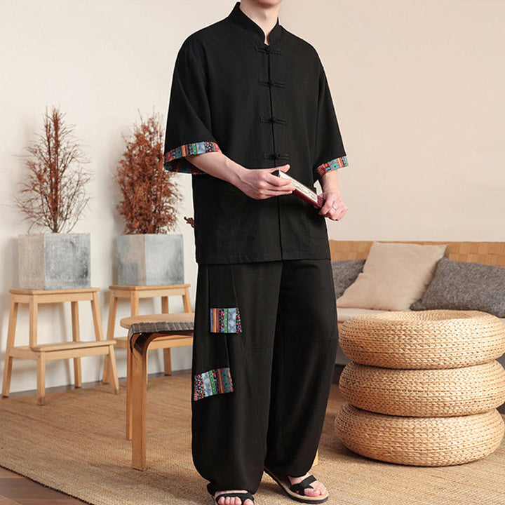Buddha Stones 2 pezzi patchwork cinese rana-bottoni camicia pantaloni gamba larga uomo meditazione panno set con tasche