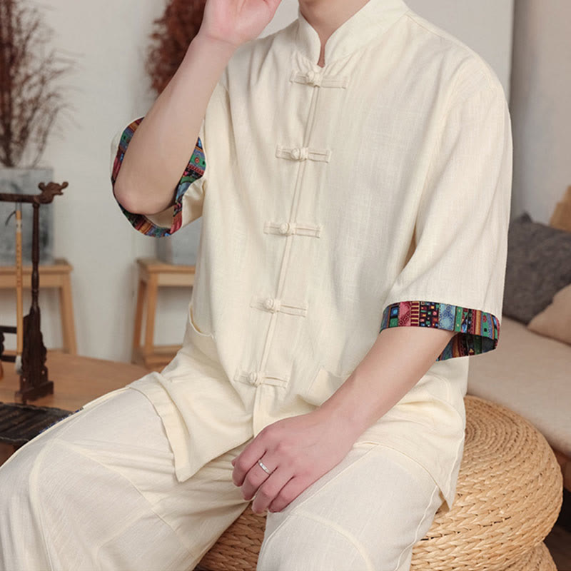 Buddha Stones 2 pezzi patchwork cinese rana-bottoni camicia pantaloni gamba larga uomo meditazione panno set con tasche - image 8