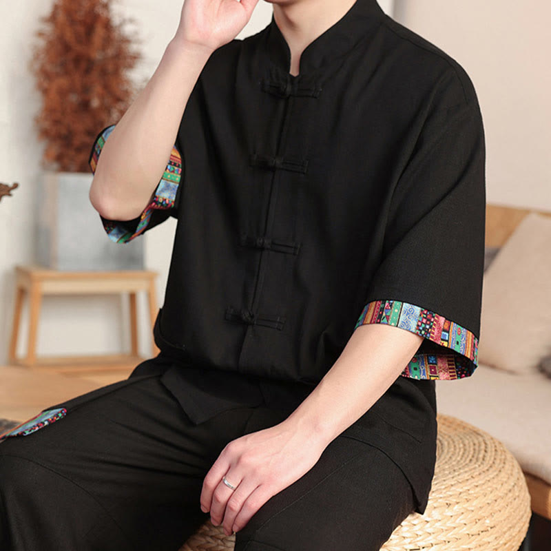 Buddha Stones 2 pezzi patchwork cinese rana-bottoni camicia pantaloni gamba larga uomo meditazione panno set con tasche - image 16