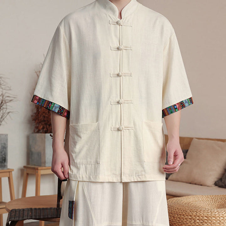 Buddha Stones 2 pezzi patchwork cinese rana-bottoni camicia pantaloni gamba larga uomo meditazione panno set con tasche