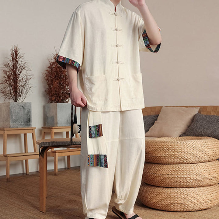 Buddha Stones 2 pezzi patchwork cinese rana-bottoni camicia pantaloni gamba larga uomo meditazione panno set con tasche