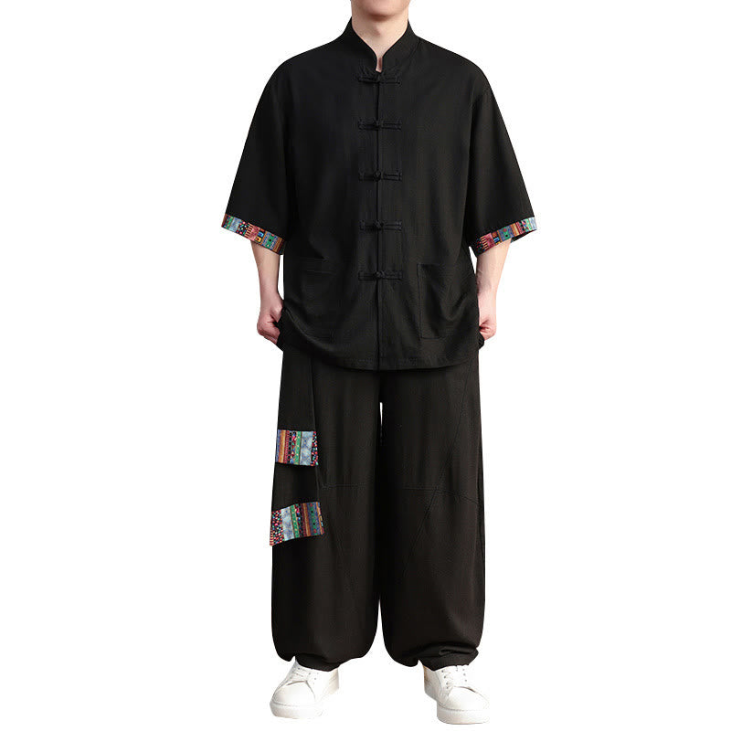 Buddha Stones 2 pezzi patchwork cinese rana-bottoni camicia pantaloni gamba larga uomo meditazione panno set con tasche