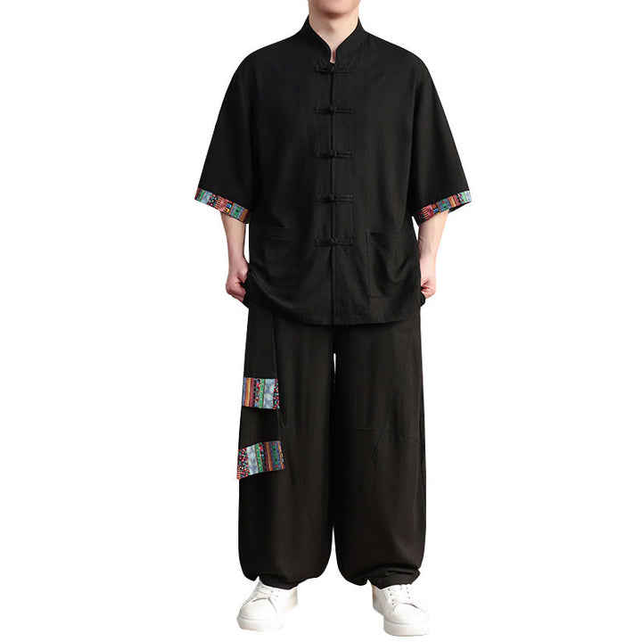 Buddha Stones 2 pezzi patchwork cinese rana-bottoni camicia pantaloni gamba larga uomo meditazione panno set con tasche
