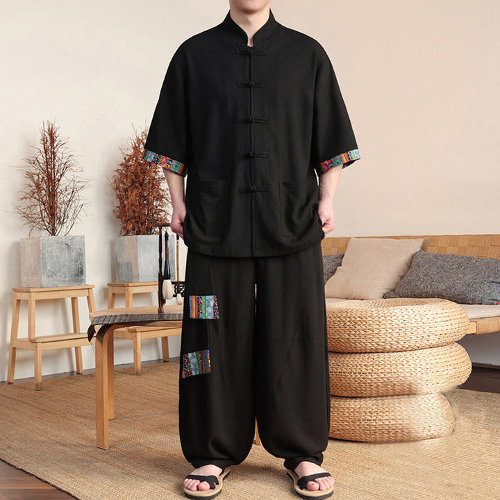 Buddha Stones 2 pezzi patchwork cinese rana-bottoni camicia pantaloni gamba larga uomo meditazione panno set con tasche