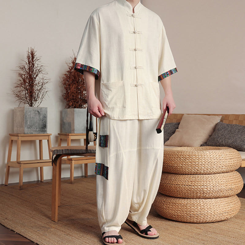 Buddha Stones 2 pezzi patchwork cinese rana-bottoni camicia pantaloni gamba larga uomo meditazione panno set con tasche