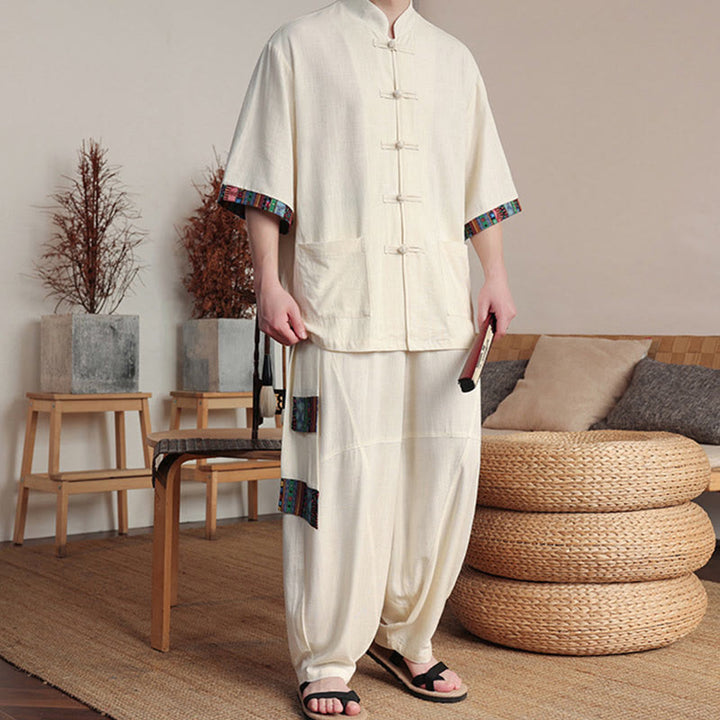 Buddha Stones 2 pezzi patchwork cinese rana-bottoni camicia pantaloni gamba larga uomo meditazione panno set con tasche