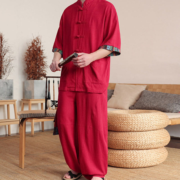Buddha Stones 2 pezzi patchwork cinese rana-bottoni camicia pantaloni gamba larga uomo meditazione panno set con tasche
