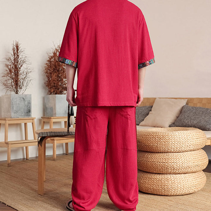 Buddha Stones 2 pezzi patchwork cinese rana-bottoni camicia pantaloni gamba larga uomo meditazione panno set con tasche