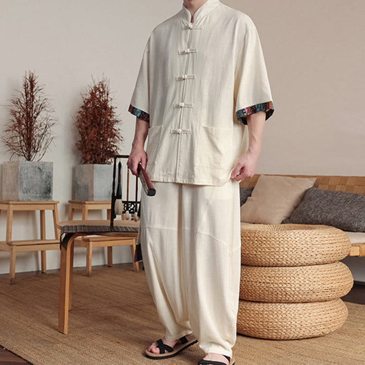 Buddha Stones 2 pezzi patchwork cinese rana-bottoni camicia pantaloni gamba larga uomo meditazione panno set con tasche