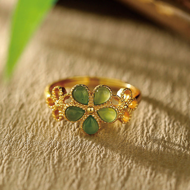 Anello di prosperità regolabile con fiore in argento sterling 925 placcato oro e giada naturale di Hetian Buddha Stones - Giada Hetian - image 0